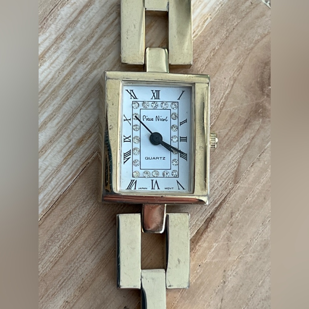 Pierre Nicol Ladies Watch Vintage Gold Geometric Bracelet White Rectangular Dial